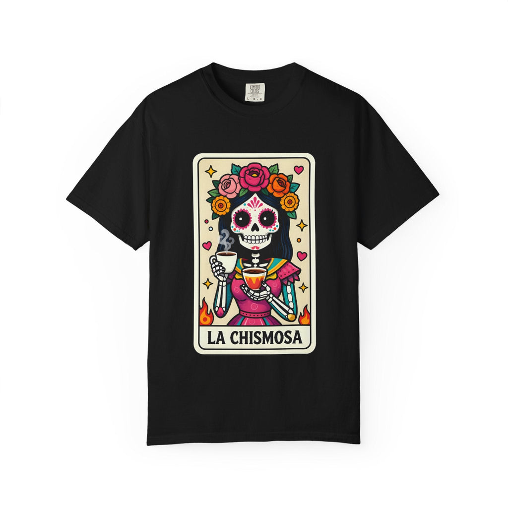 Vintage lotería card design on a t-shirt featuring a sugar skull calavera holding a coffee cup with the text La Chismosa.