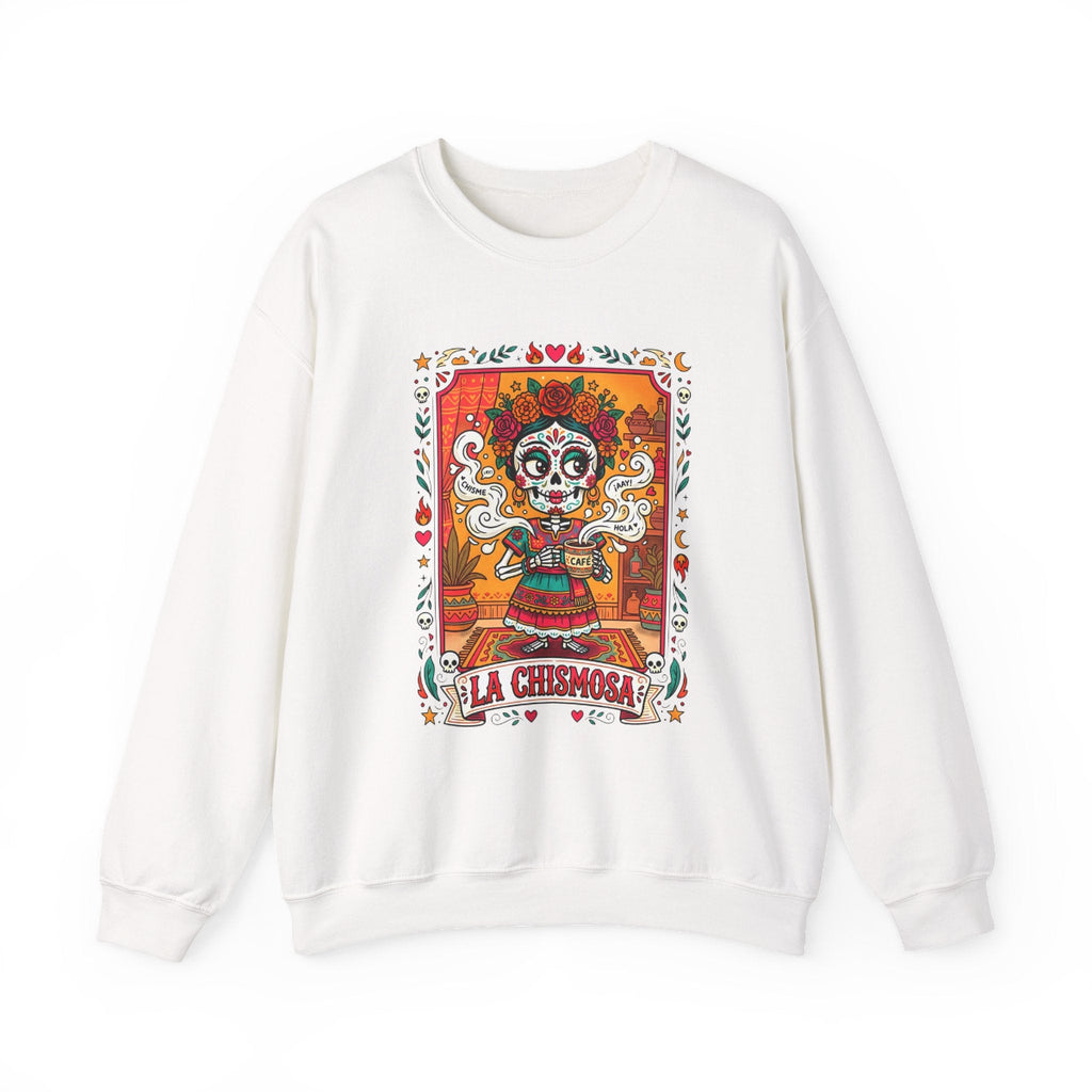 La Chismosa text and a sugar skull calavera with flowers in a vintage loteria graphic style on a premium black crewneck sweatshirt.