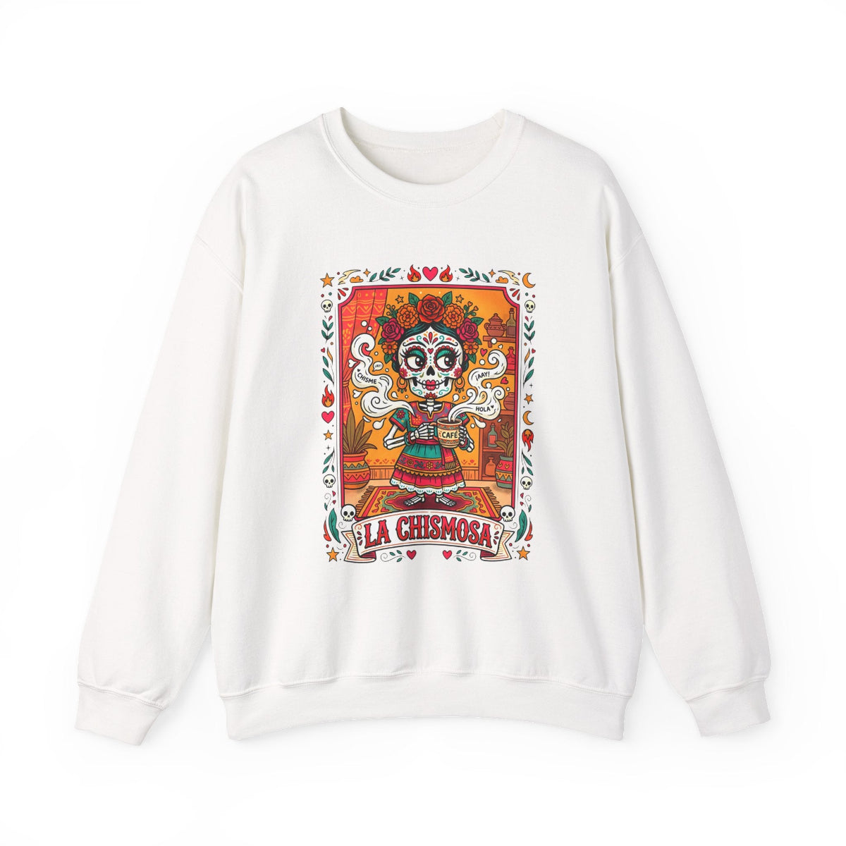 La Chismosa text and a sugar skull calavera with flowers in a vintage loteria graphic style on a premium black crewneck sweatshirt.