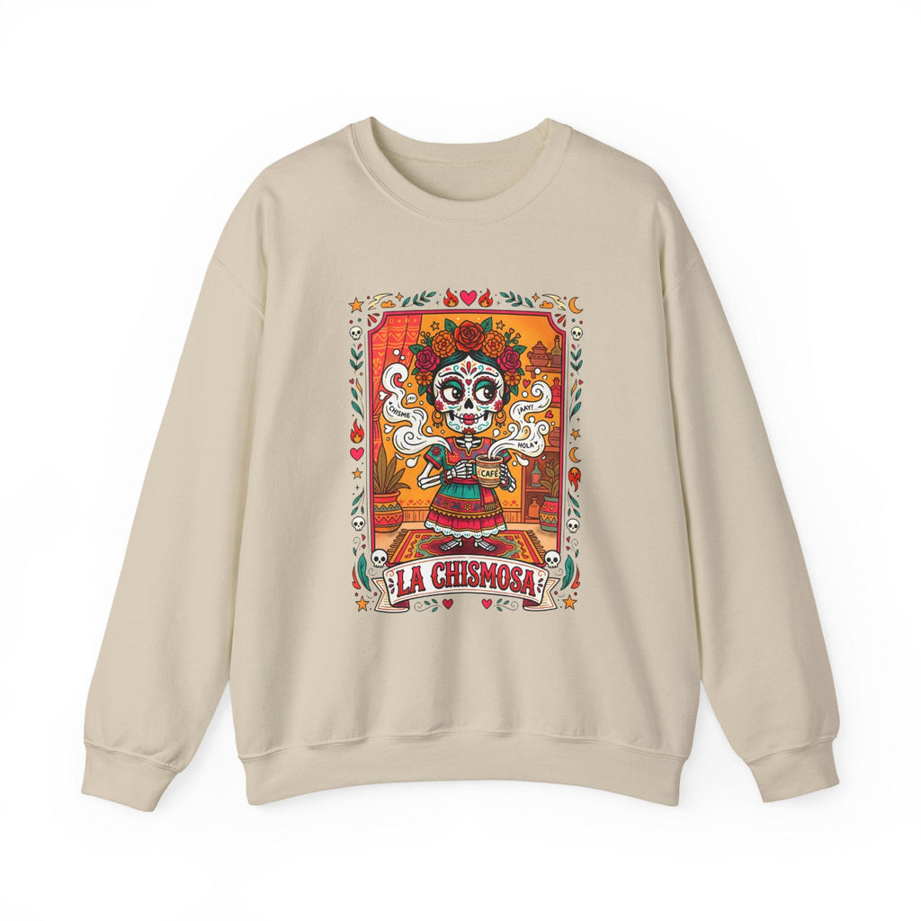 La Chismosa text and a sugar skull calavera with flowers in a vintage loteria graphic style on a premium black crewneck sweatshirt.