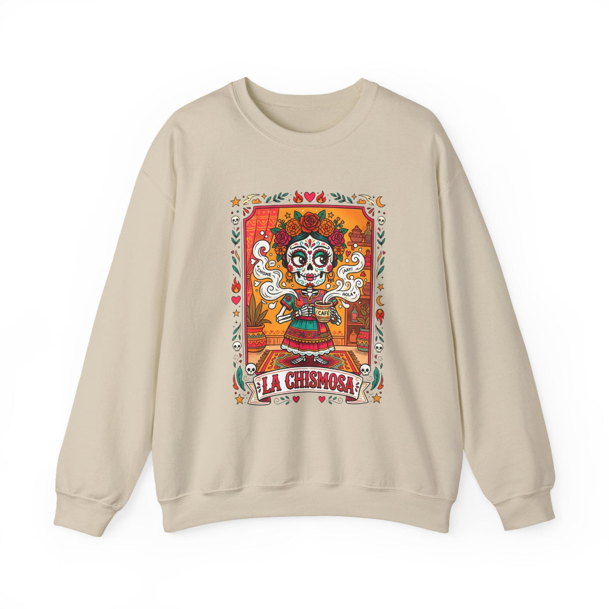 La Chismosa text and a sugar skull calavera with flowers in a vintage loteria graphic style on a premium black crewneck sweatshirt.