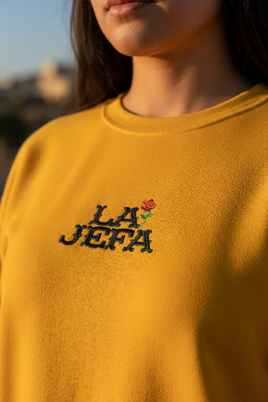 La Jefa embroidered crewneck light pink closeup - elegant boss Latina floral sweatshirt