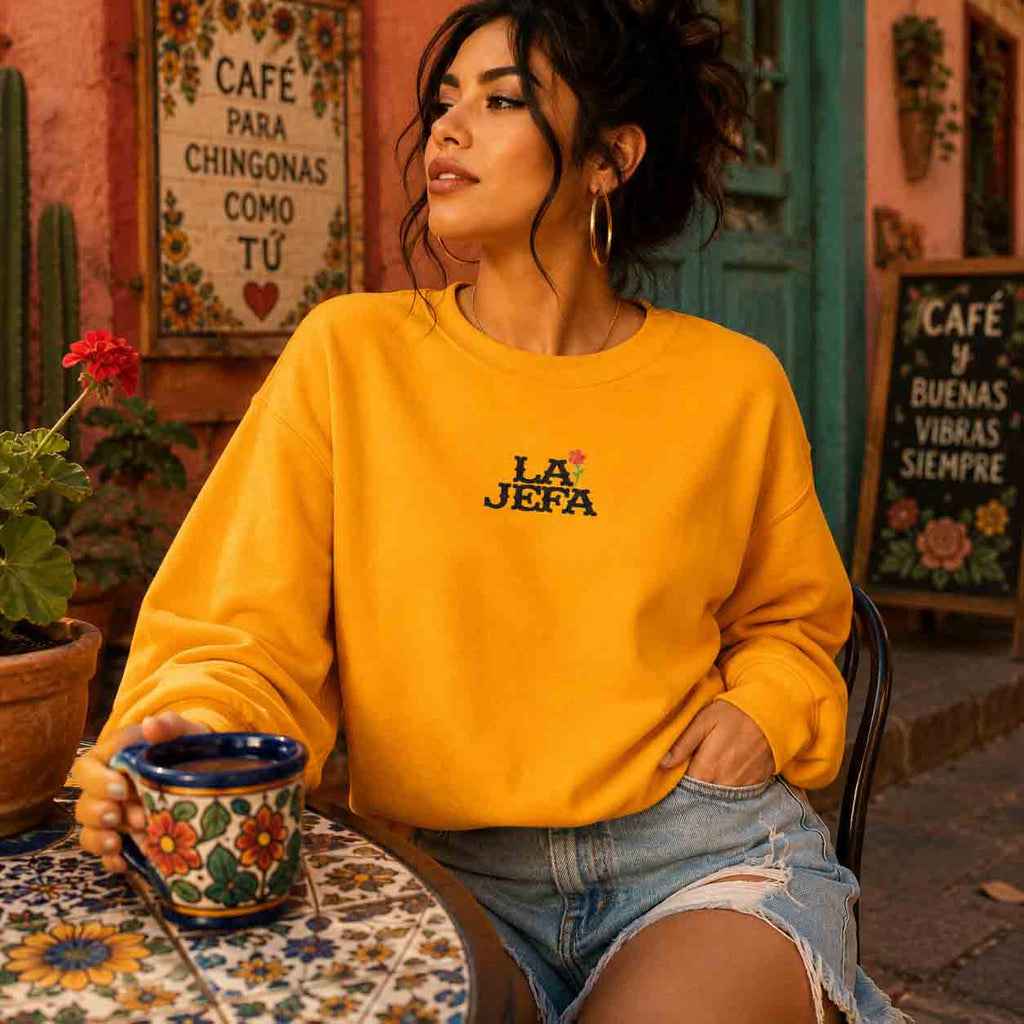 La Jefa embroidered crewneck lifestyle 1 - boss lady Latina floral pullover gift