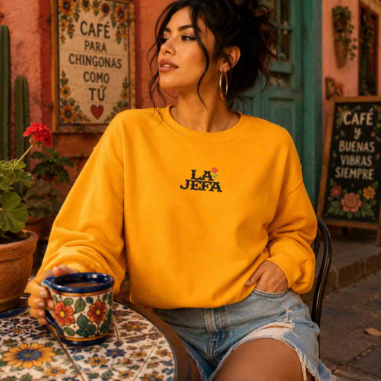 La Jefa embroidered crewneck lifestyle 1 - boss lady Latina floral pullover gift