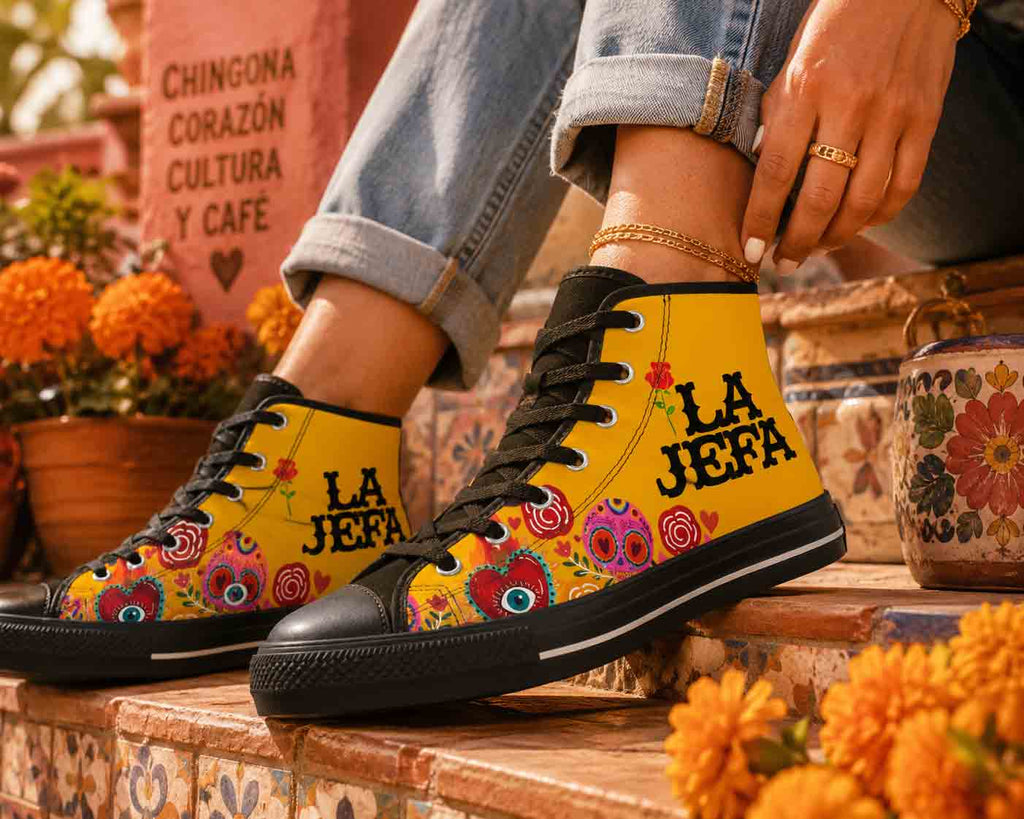 La Jefa yellow floral sneakers lifestyle - bold boss Latina high-top canvas shoes gift