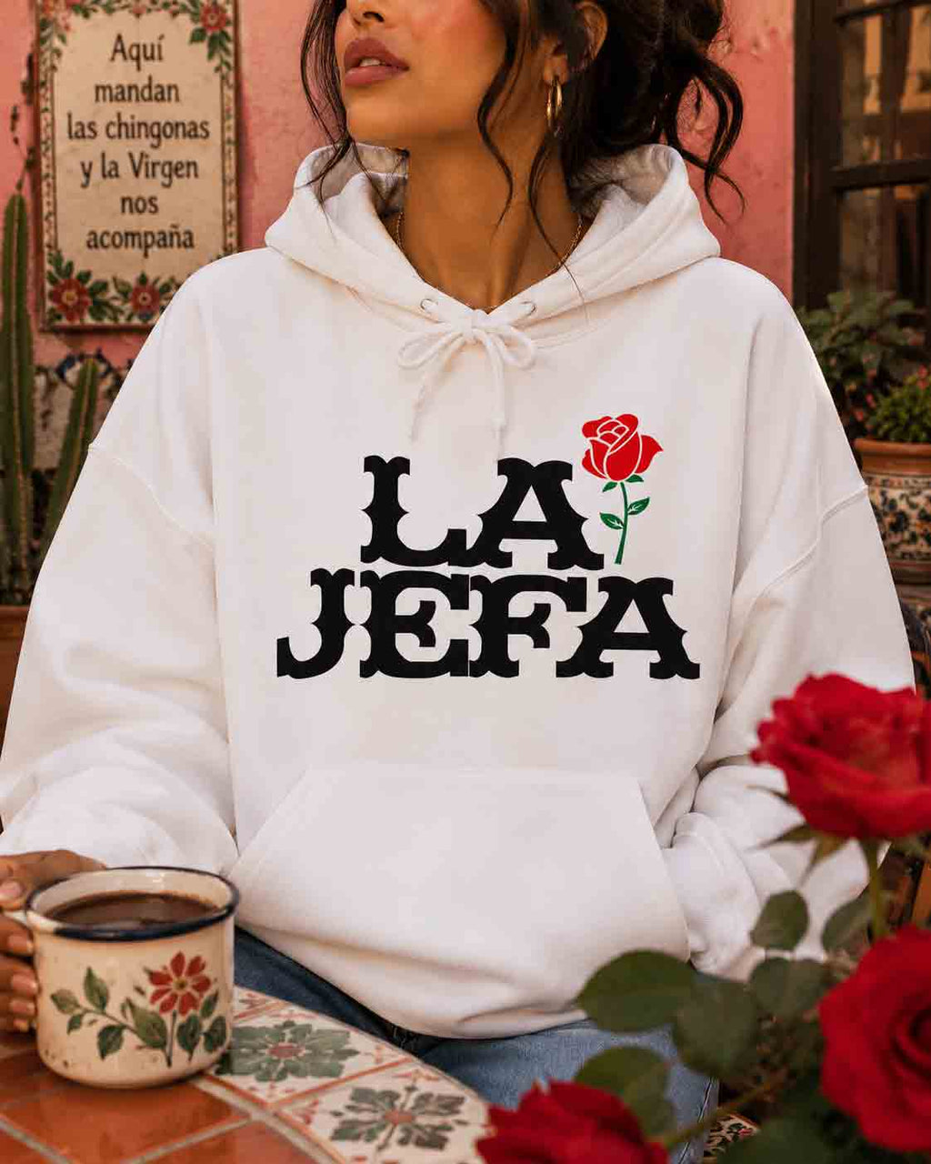 La Jefa hoodie lifestyle 2 - soft pastel boss lady Latina gift sweatshirt