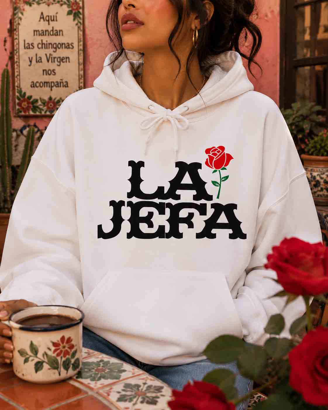La Jefa hoodie lifestyle 2 - soft pastel boss lady Latina gift sweatshirt
