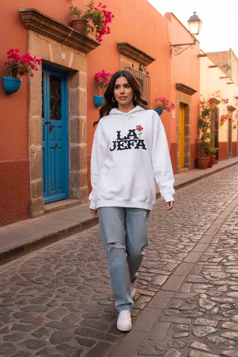 La Jefa hoodie lifestyle 3 - floral script Latina boss empowerment pullover