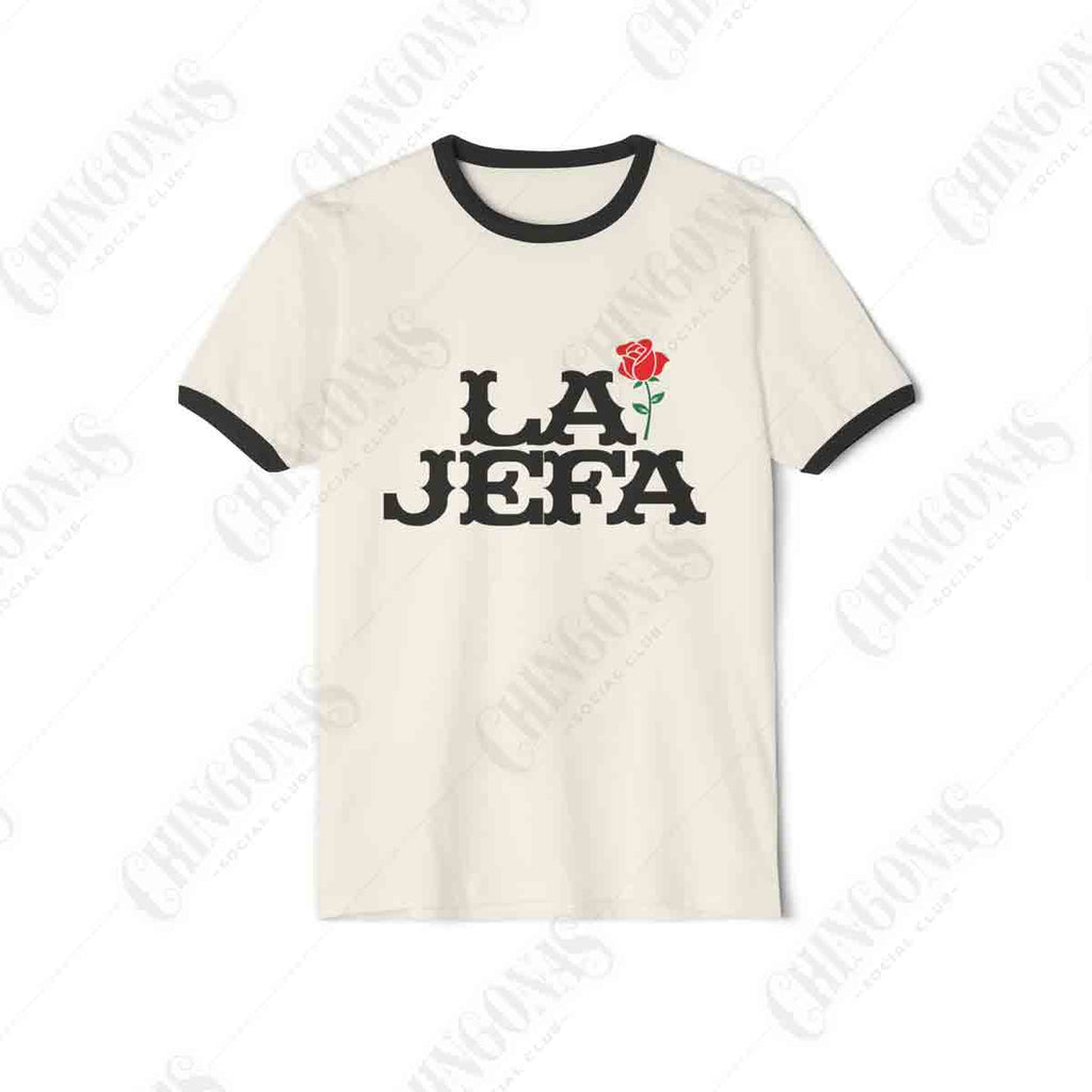 Ringer t-shirt with black trim featuring the text LA JEFA in a vintage font with a single red rose.