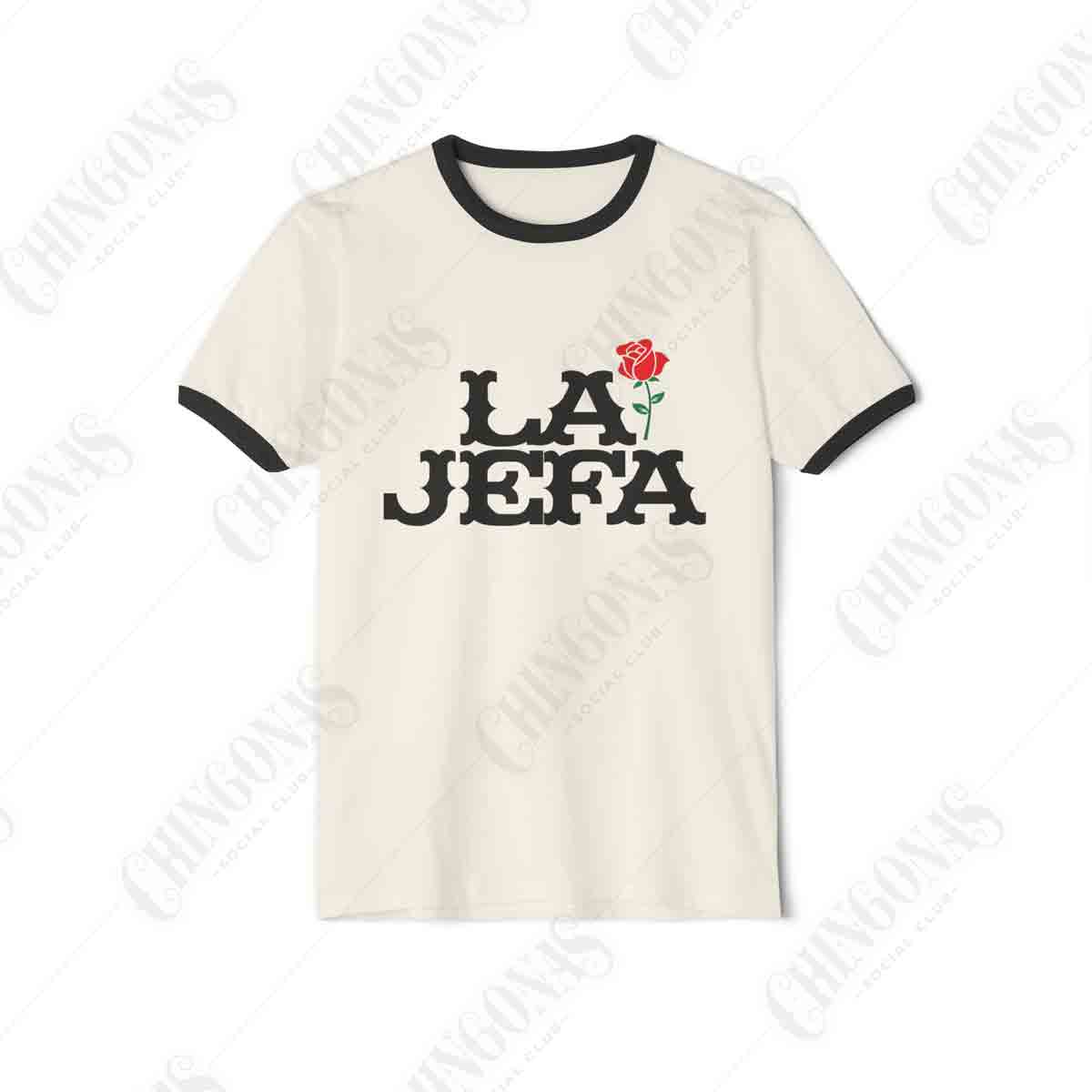 Ringer t-shirt with black trim featuring the text LA JEFA in a vintage font with a single red rose.