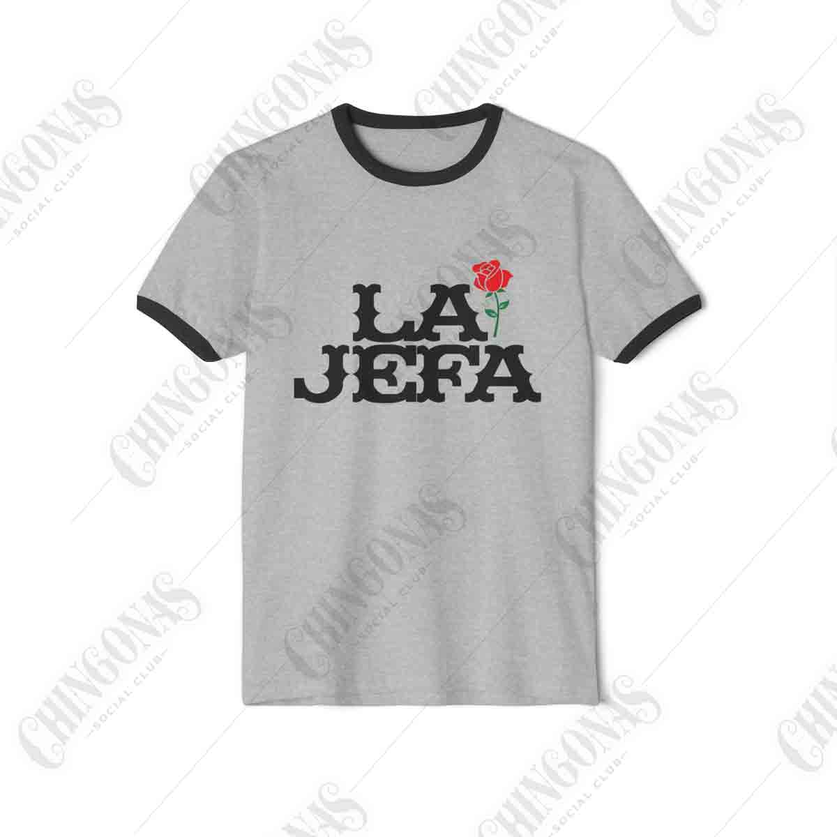 Gray ringer t-shirt with black trim featuring the text LA JEFA in a vintage font with a single red rose.