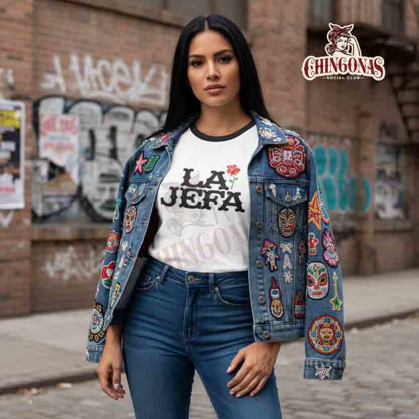 White ringer t-shirt with black trim featuring the text LA JEFA in a vintage font with a single red rose.