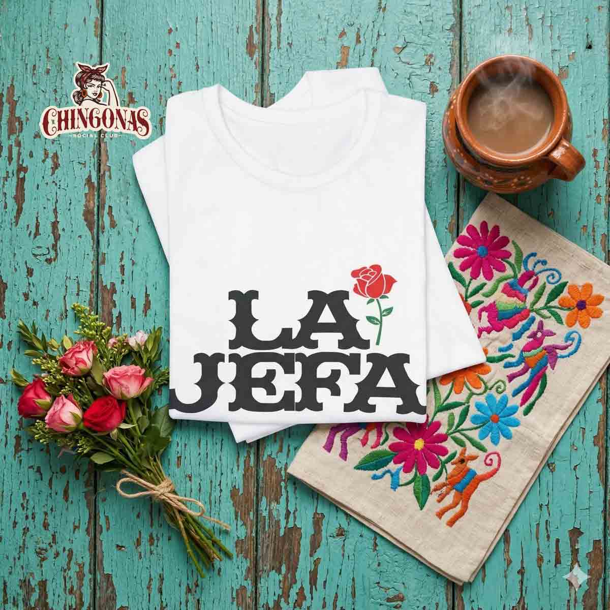 t-shirt with bold black text reading LA JEFA and a small red rose graphic, representing Latina leadership.