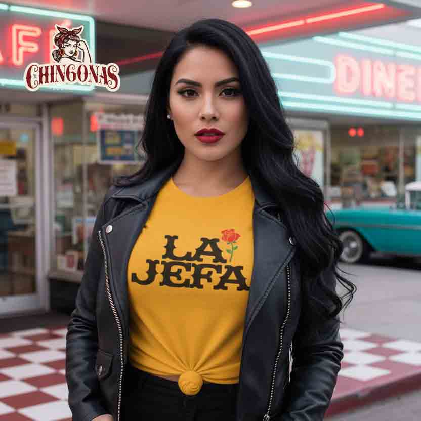 t-shirt with bold black text reading LA JEFA and a small red rose graphic, representing Latina leadership.