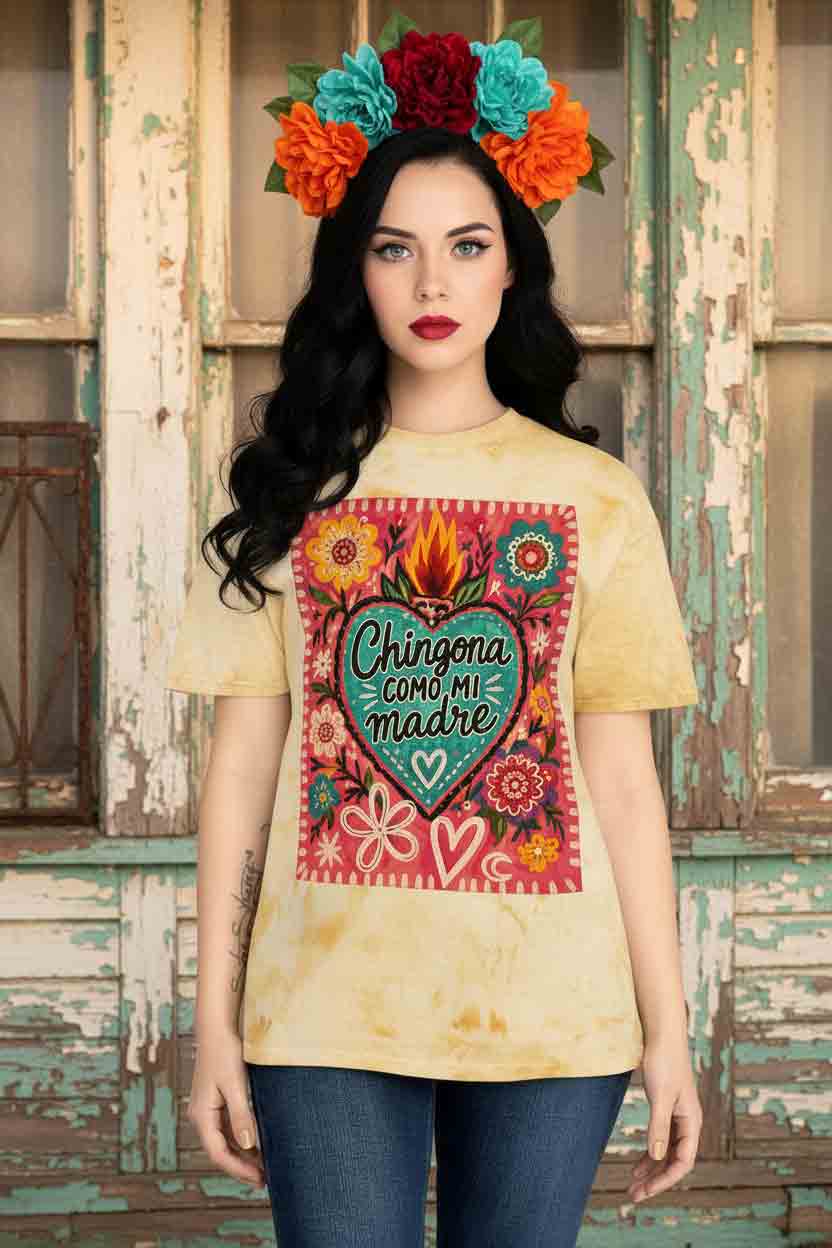 Chingona Como Mi Madre fern Color Blast tee - garment-dyed folk art Latina mother shirt
