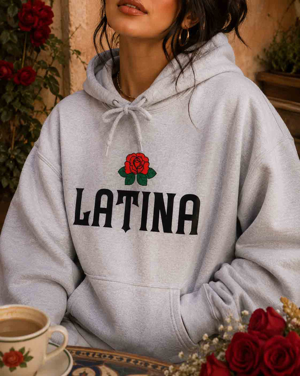 Latina rose hoodie grey lifestyle - soft pastel floral chicana pride sweatshirt