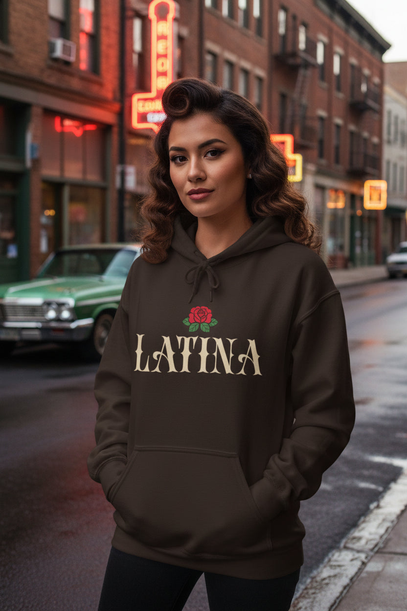 Bold Latina typography with an old school rose graphic print on the front of a premium black pullover hoodie.