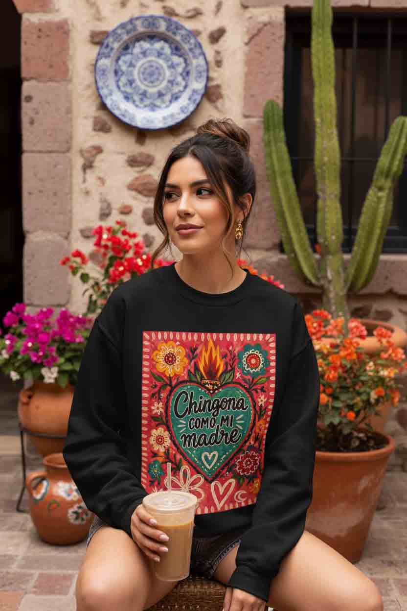 Chingona Como Mi Madre crewneck sand - floral folk art Latina mother gift pullover