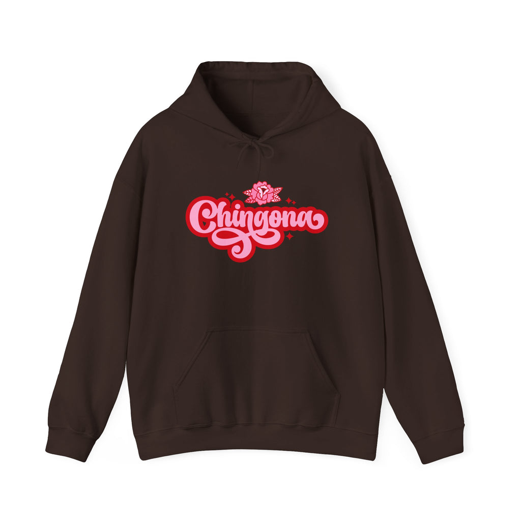 Chingona rose hoodie dark chocolate - bold chicana empowerment gift sweatshirt