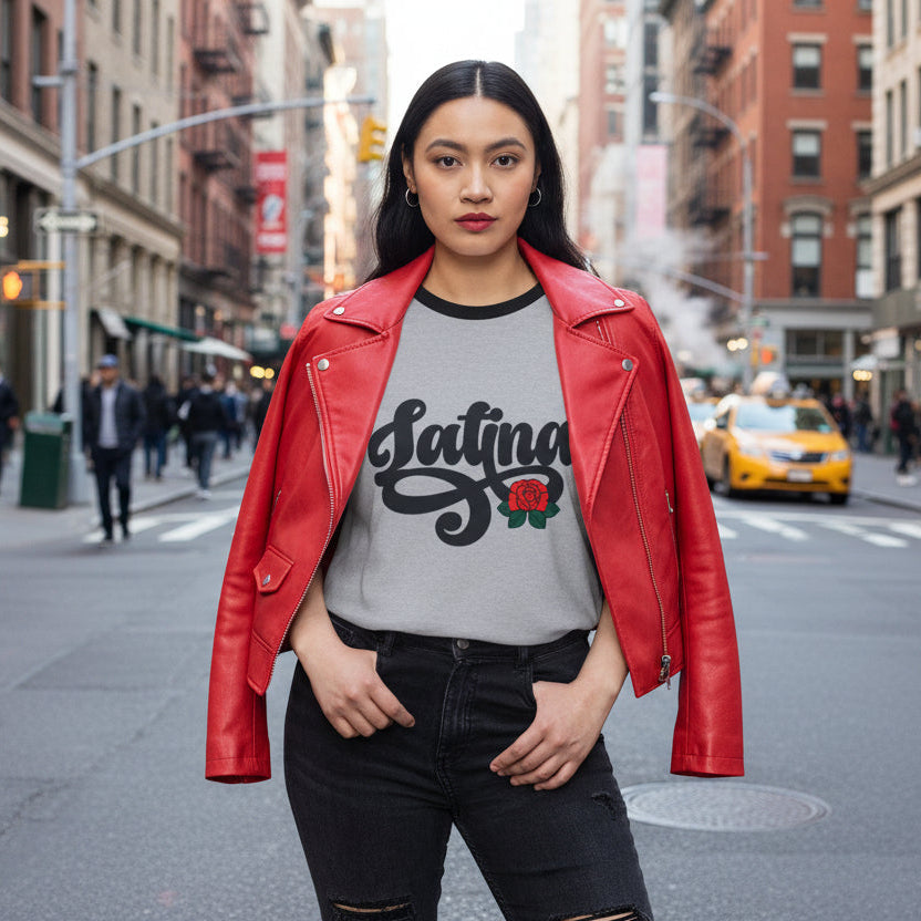 Grey ringer t-shirt with black collar and sleeve bands featuring "Latina" script and a small red rose graphic.