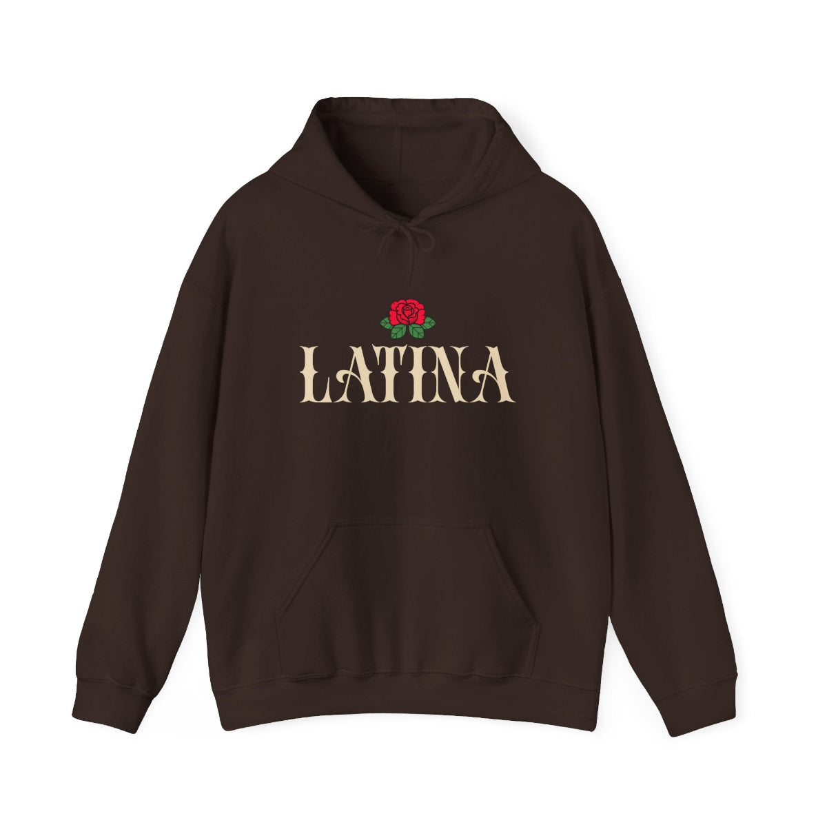 Bold Latina typography with an old school rose graphic print on the front of a premium black pullover hoodie.