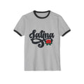 Grey ringer t-shirt with black collar and sleeve bands featuring "Latina" script and a small red rose graphic.