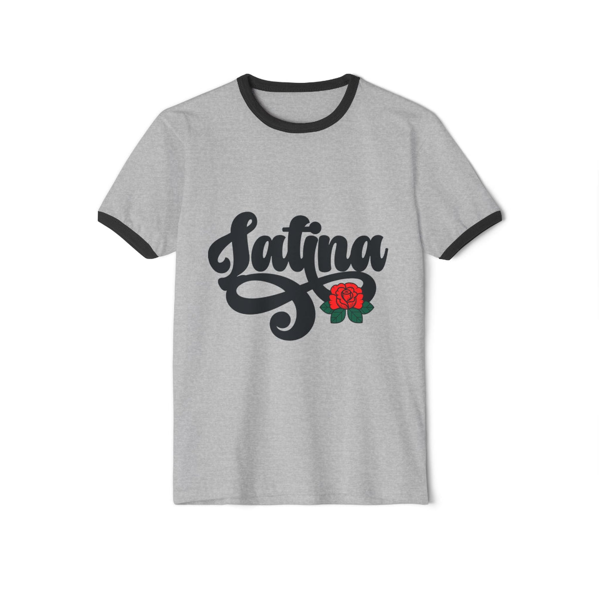 Grey ringer t-shirt with black collar and sleeve bands featuring "Latina" script and a small red rose graphic.