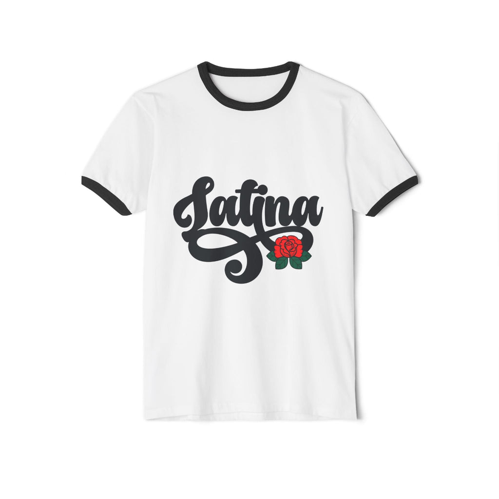 Grey ringer t-shirt with black collar and sleeve bands featuring "Latina" script and a small red rose graphic.