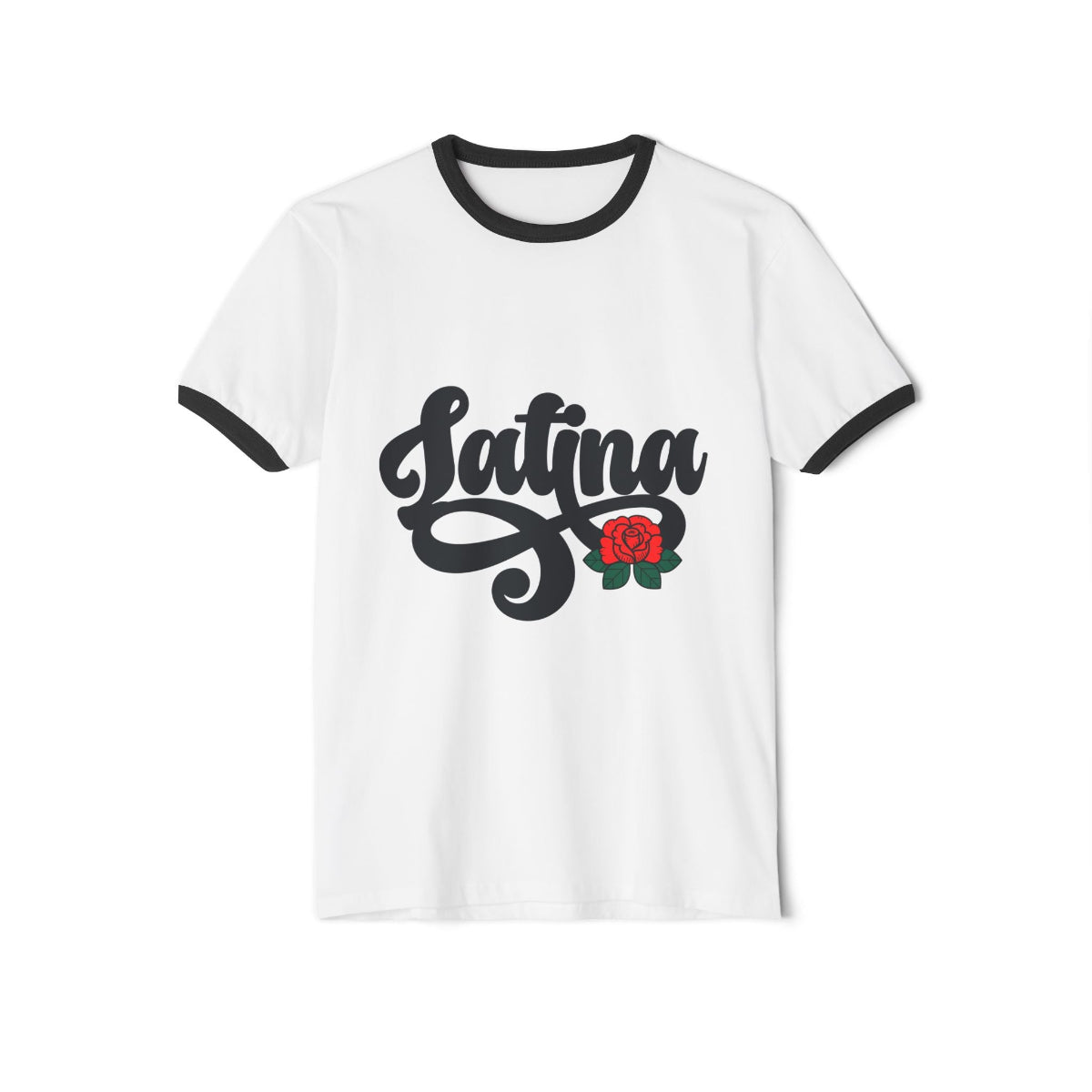 Grey ringer t-shirt with black collar and sleeve bands featuring "Latina" script and a small red rose graphic.