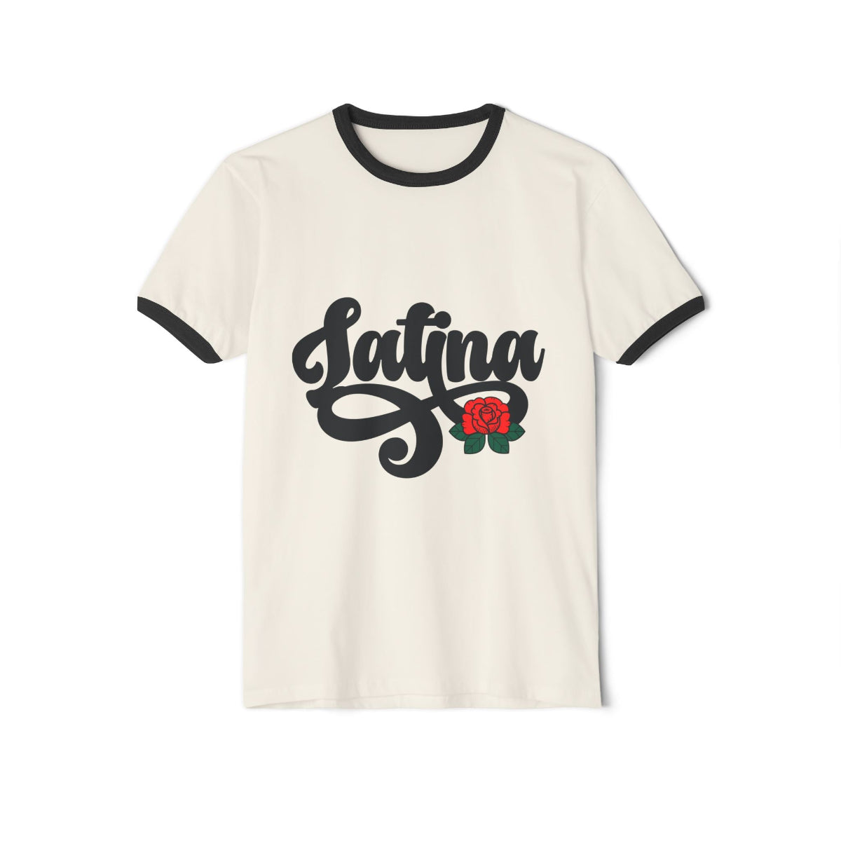 Grey ringer t-shirt with black collar and sleeve bands featuring "Latina" script and a small red rose graphic.