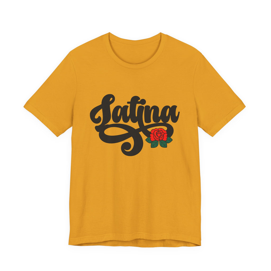 Mustard t-shirt with "Latina" written in black script and a small red rose graphic on the end of the text.