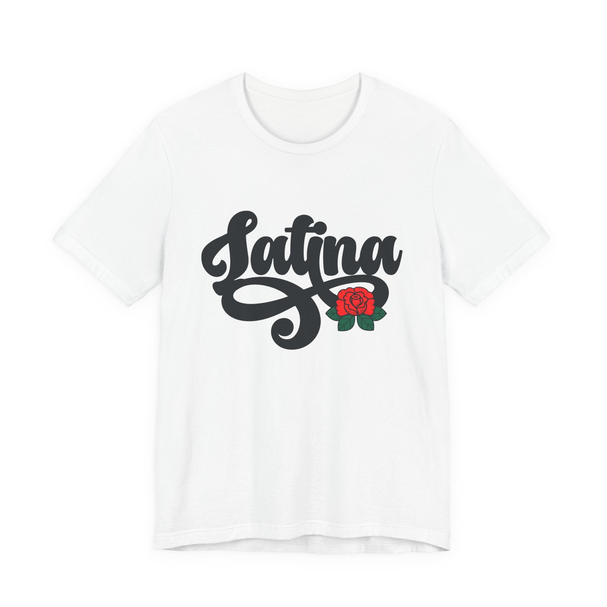 white t-shirt with "Latina" written in black script and a small red rose graphic on the end of the text.