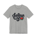 Grey t-shirt with "Latina" written in black script and a small red rose graphic on the end of the text.