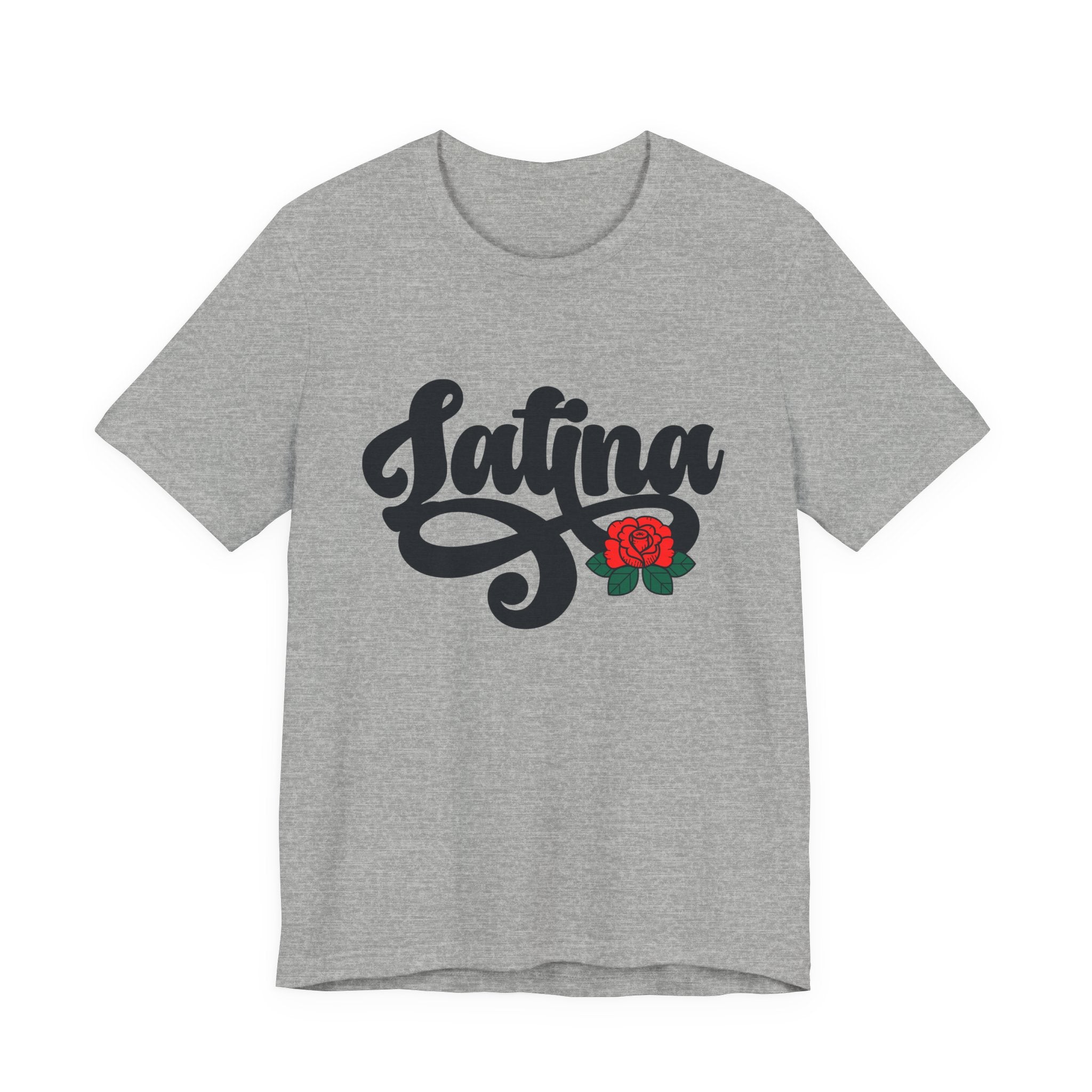 Grey t-shirt with "Latina" written in black script and a small red rose graphic on the end of the text.