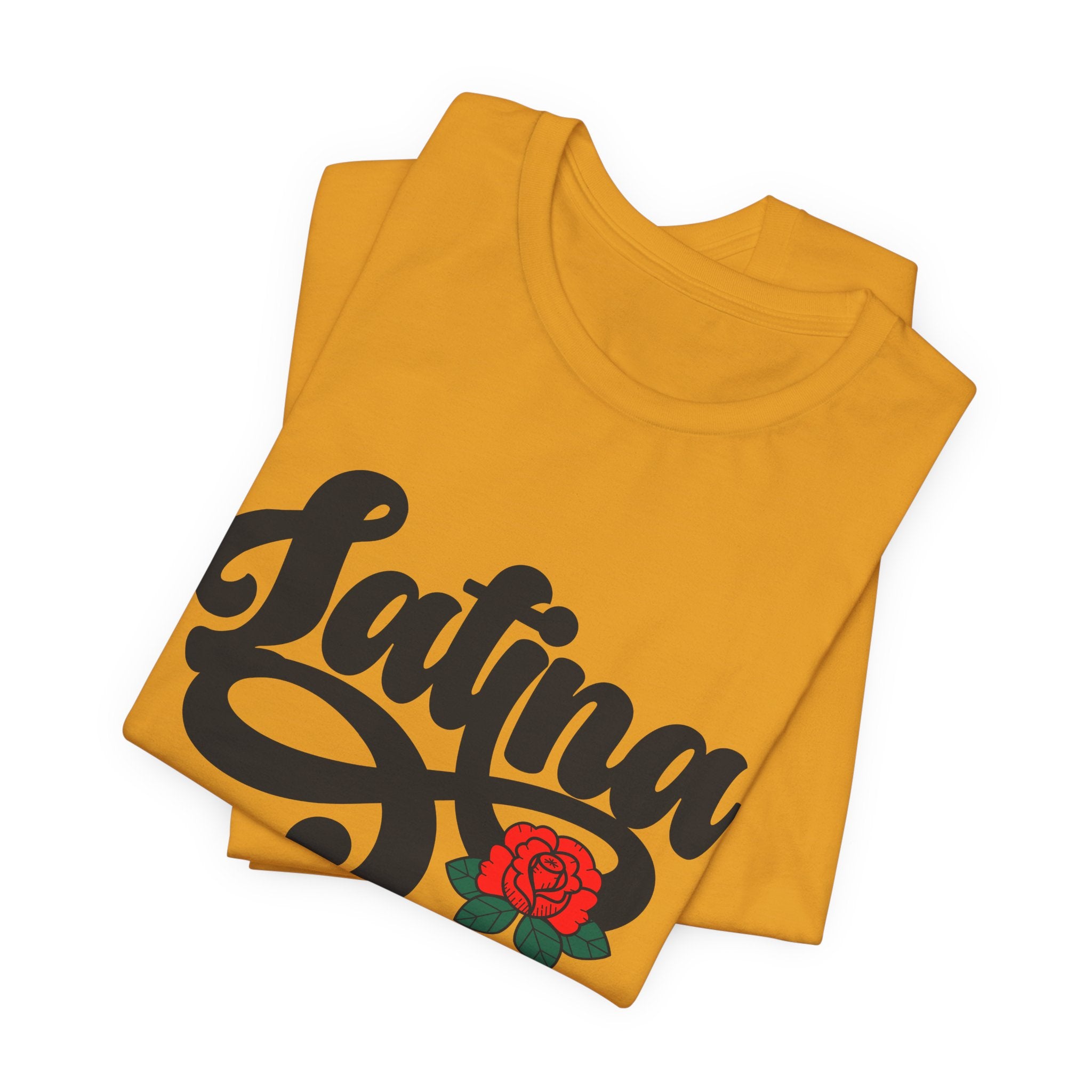 Mustard t-shirt with "Latina" written in black script and a small red rose graphic on the end of the text.