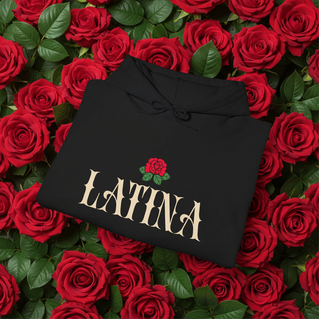 Bold Latina typography with an old school rose graphic print on the front of a premium black pullover hoodie.