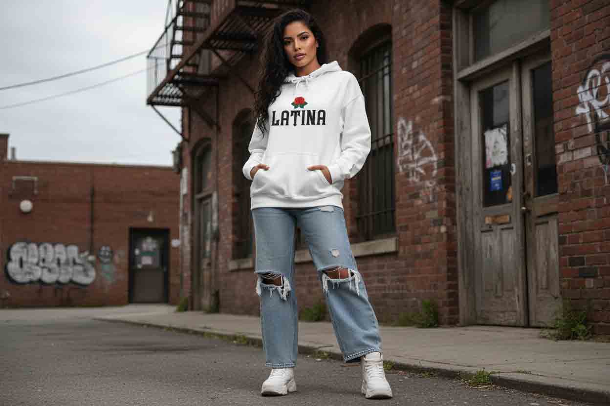 Latina rose hoodie white lifestyle - bold floral script Latina gift pullover