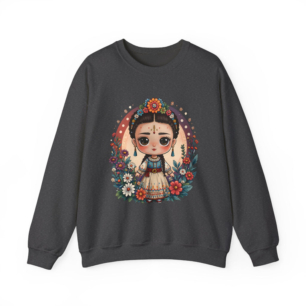 A sweet folkloric illustration of a little Frida girl with flowers and a bird printed on a cozy Gildan 18000 crewneck sweatshirt.