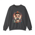 A sweet folkloric illustration of a little Frida girl with flowers and a bird printed on a cozy Gildan 18000 crewneck sweatshirt.