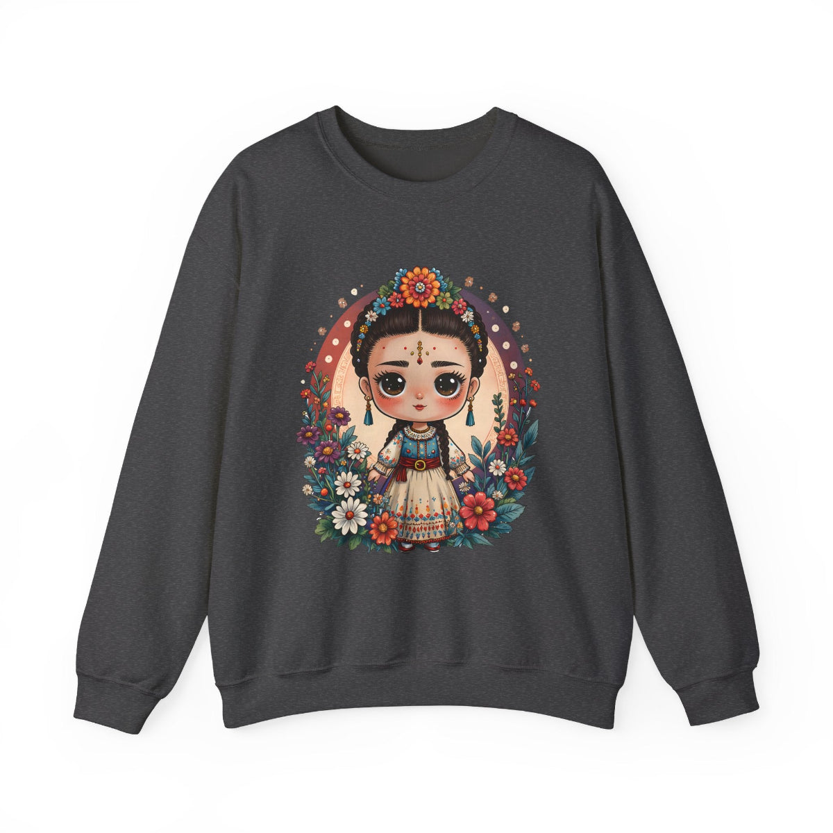 A sweet folkloric illustration of a little Frida girl with flowers and a bird printed on a cozy Gildan 18000 crewneck sweatshirt.
