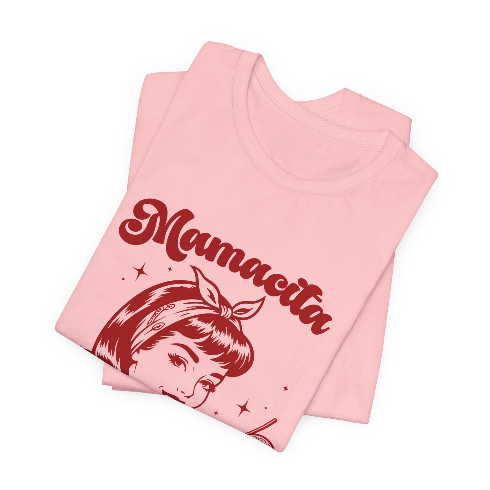 T-shirt featuring a red, vintage-style illustration of a woman holding a margarita and the text “Mamacita, I need a margarita.”