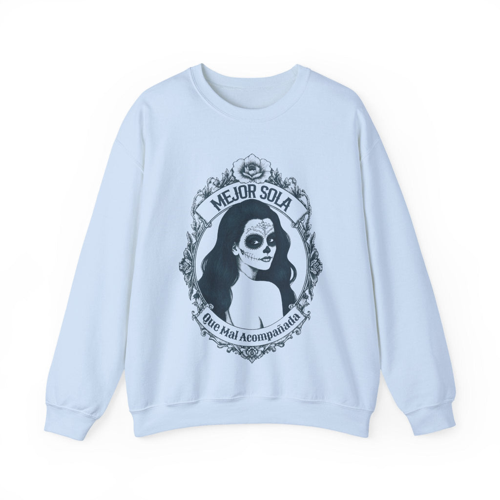Front view of the “Mejor Sola Day of the Dead Sugar Skull Portrait” crewneck sweatshirt by Chingonas Social Club