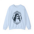 Front view of the “Mejor Sola Day of the Dead Sugar Skull Portrait” crewneck sweatshirt by Chingonas Social Club
