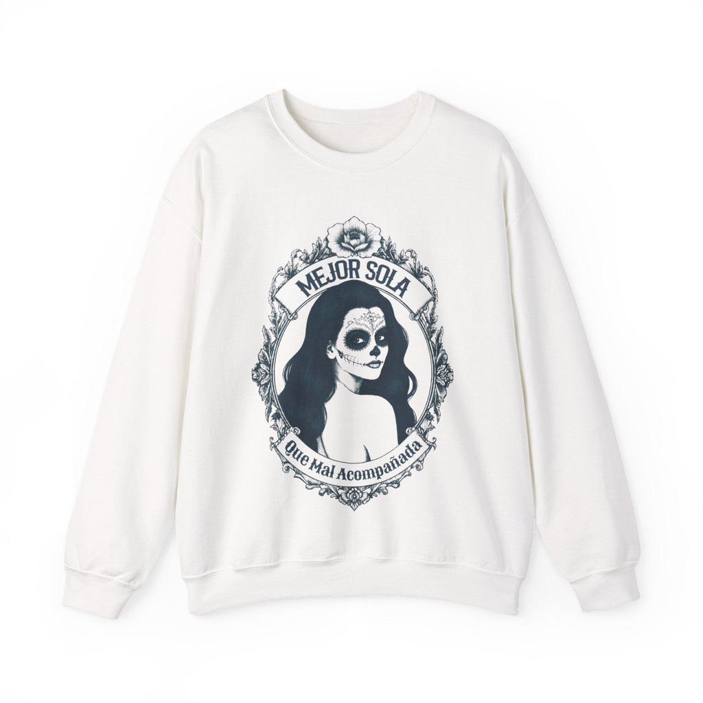 Front view of the “Mejor Sola Day of the Dead Sugar Skull Portrait” crewneck sweatshirt by Chingonas Social Club