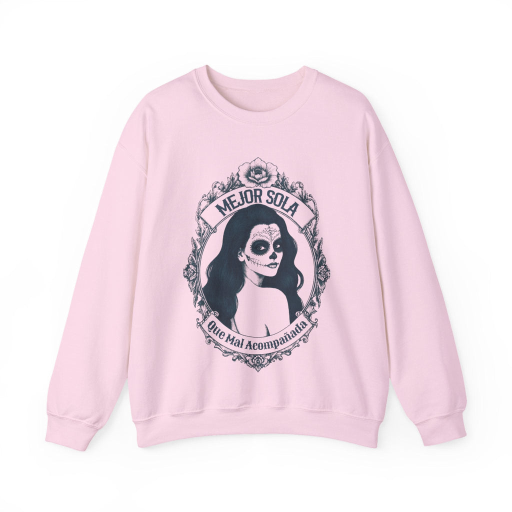 Front view of the “Mejor Sola Day of the Dead Sugar Skull Portrait” crewneck sweatshirt by Chingonas Social Club