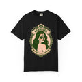 Vintage-inspired design featuring a framed portrait of La Calavera Catrina and the phrase “Better alone than in bad company” on a loose-fitting T-shirt from Comfort Colors.