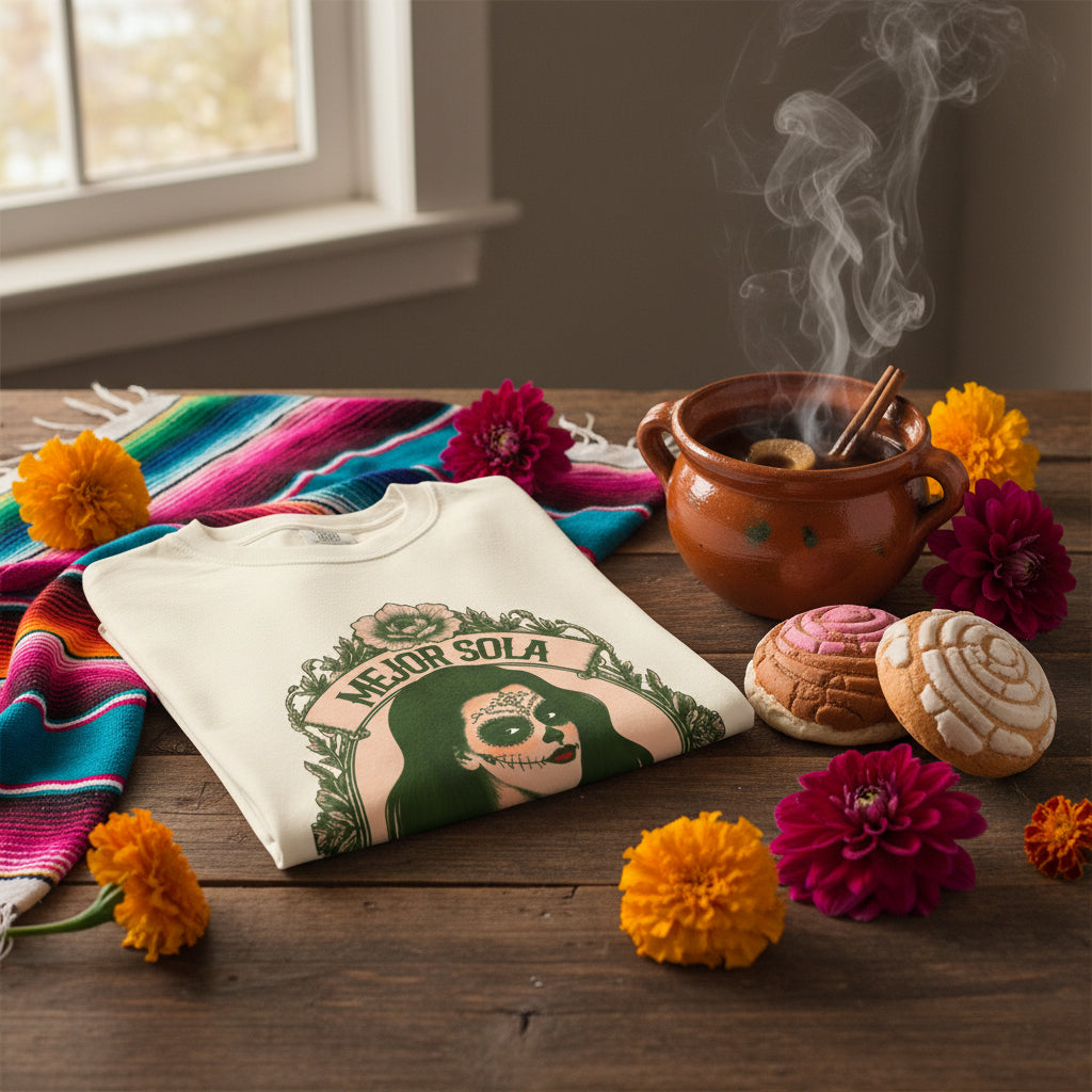 Vintage-inspired design featuring a framed portrait of La Calavera Catrina and the phrase “Better alone than in bad company” on a loose-fitting T-shirt from Comfort Colors.