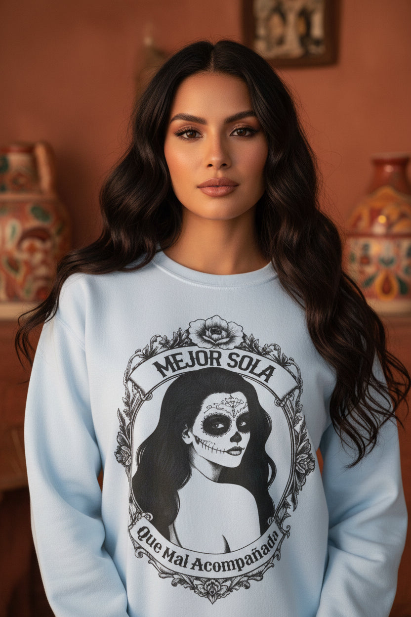 Front view of the “Mejor Sola Day of the Dead Sugar Skull Portrait” crewneck sweatshirt by Chingonas Social Club