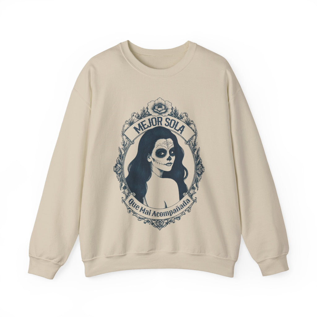 Front view of the “Mejor Sola Day of the Dead Sugar Skull Portrait” crewneck sweatshirt by Chingonas Social Club