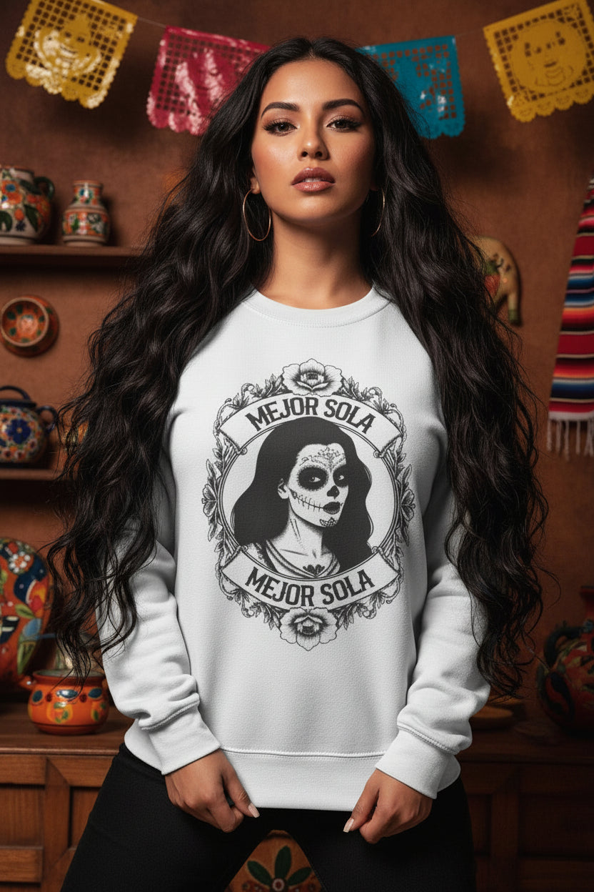 Front view of the “Mejor Sola Day of the Dead Sugar Skull Portrait” crewneck sweatshirt by Chingonas Social Club